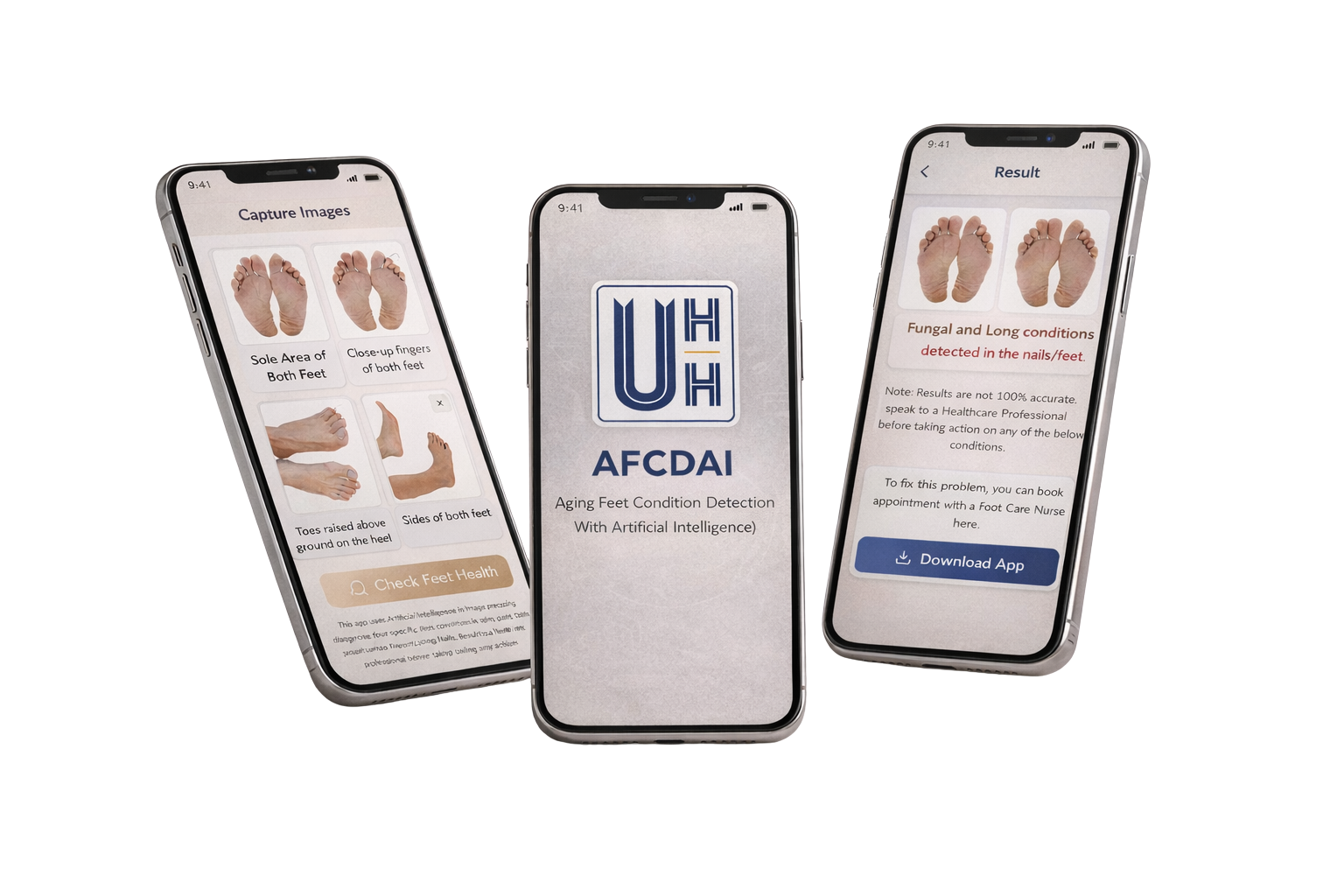 AFCDAI app on three phones - guided image capture, AFCDAI home screen, and condition results